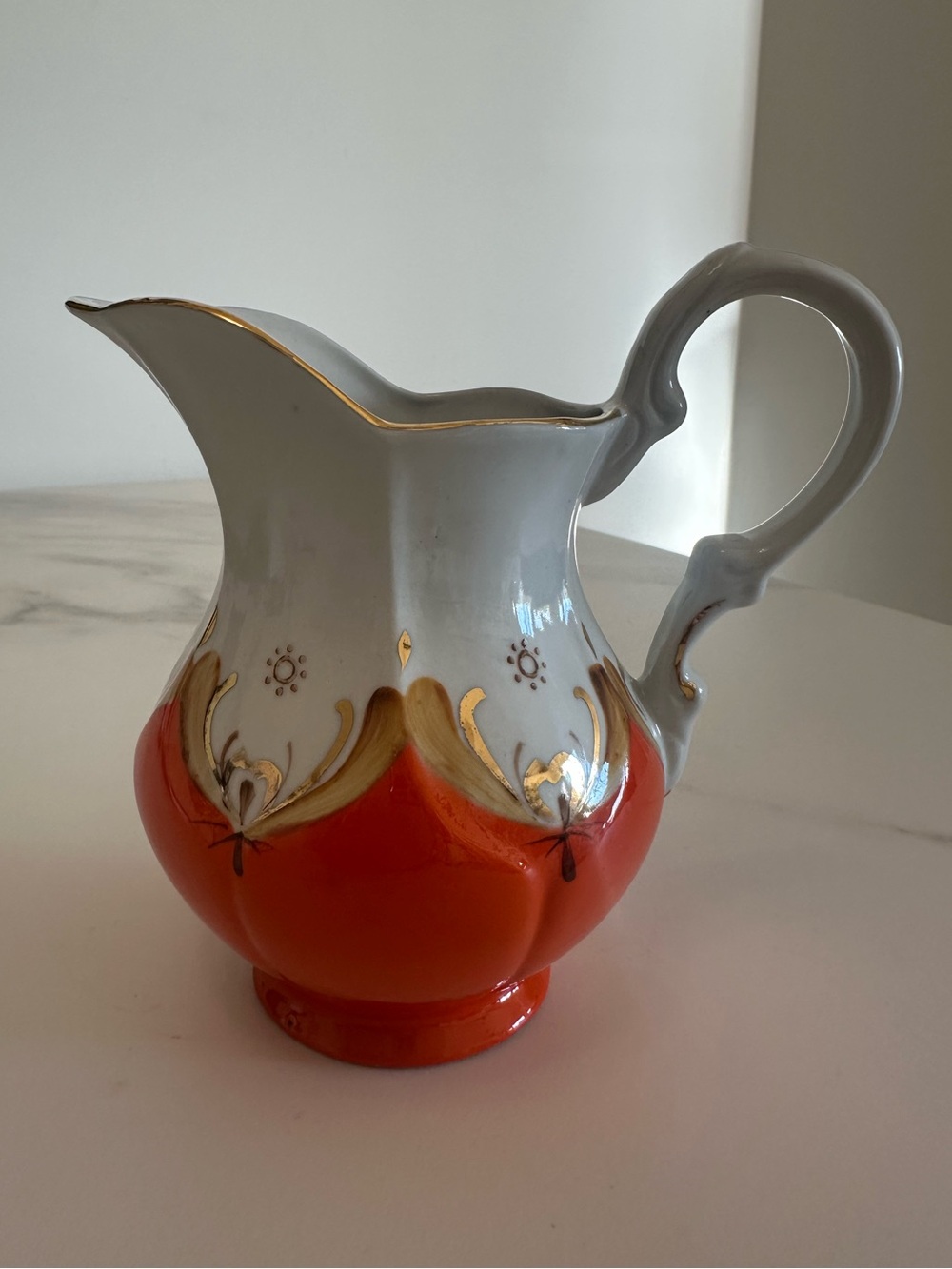 Vintage Baranovka “Buton” White/Orane/Gold Porcelain Cream Pitcher